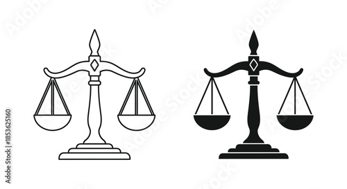 A comparative depiction of justice scales in outlined and filled styles showcasing a striking silhouette
