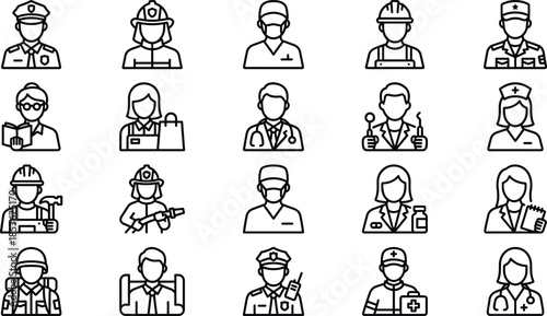 Black and white profession icons, career symbols, occupation line art, vector people avatars, job roles illustration, editable design elements, minimal style