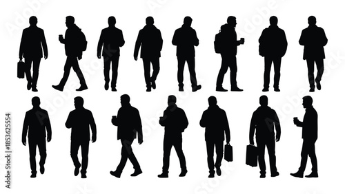 Diverse group of people in various walking poses a striking black silhouette