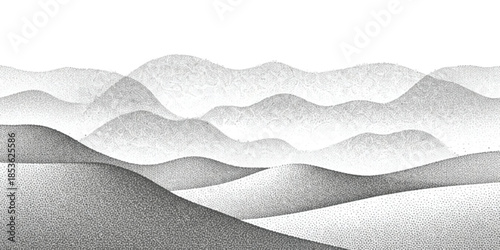 Abstract landscape of stippled monochrome mountains creating a serene misty vista