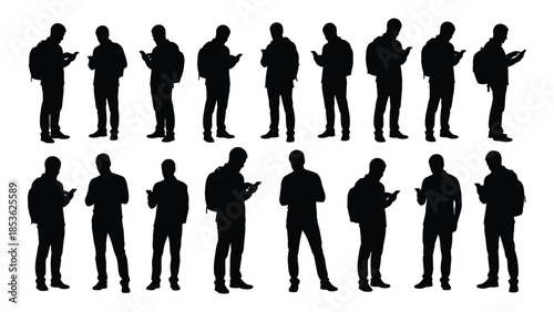 A collection of black silhouettes depicting people walking with backpacks and phones silhouette