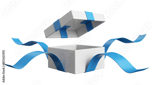 Elegant white gift box with blue ribbon opening