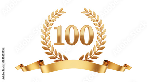 Golden laurel wreath with 100 on white background