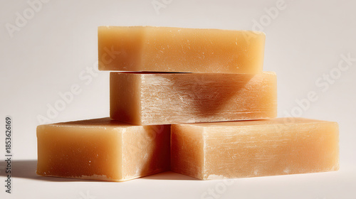 Zero-wick wax sculpture featuring a composition of stacked rectangular slabs in warm beige against a white background 