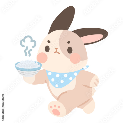 Illustration of Rabbit Holding Bowl of Rice