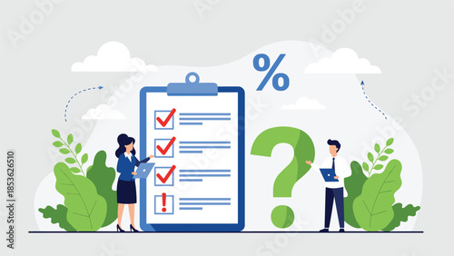 Man and woman analyzing a checklist on a clipboard, with a large question mark and percentage sign, illustrating a survey or quiz concept.
