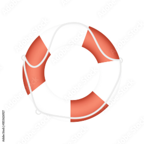 Halftone illustration of a red and white lifebuoy ring in circular shape. Maritime safety symbol for rescue, emergency, insurance, protection, and nautical design concepts.