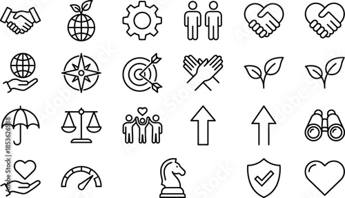 Corporate business strategy and core values line icons set featuring partnership, global vision, target goals, sustainability, ethics, growth and leadership symbols.