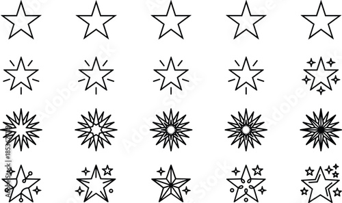 Minimal star sparkle and burst outline icon set for rating celebration decoration user interface web app vector design