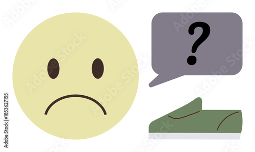 Sad face with drooping mouth, a single green shoe, and a speech bubble with a question mark. Ideal for feedback, doubt, problem-solving, dissatisfaction, emotion misfit metaphor. Simple flat