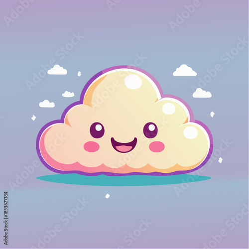 A cute cartoon cloud with a happy face, surrounded by smaller clouds and sparkles, on a gradient background.