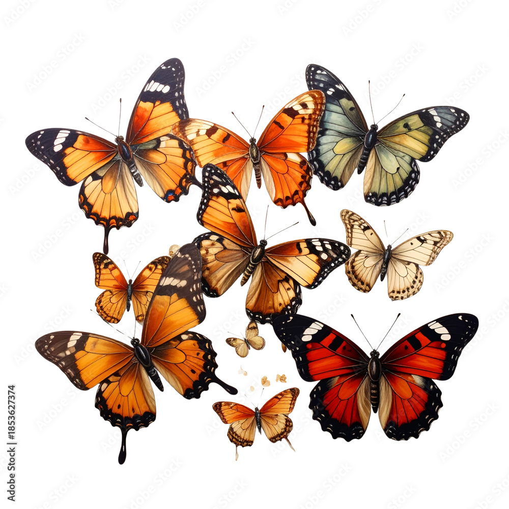 Obraz premium Set of colorful butterflies and flying insects in a beautiful nature vector illustration collection featuring vibrant wings and summer patterns isolated on white