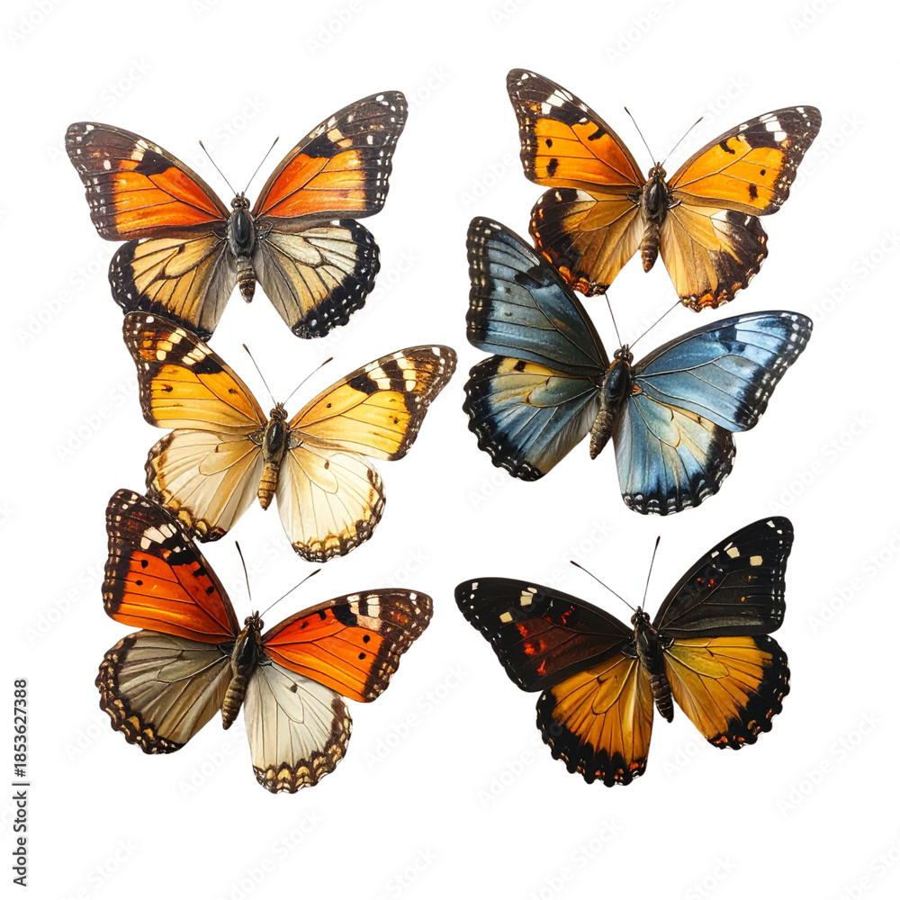 Obraz premium Set of colorful butterflies and flying insects in a beautiful nature vector illustration collection featuring vibrant wings and summer patterns isolated on white