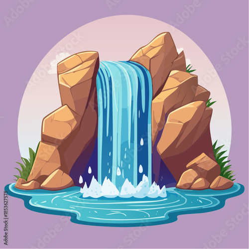 Cartoon waterfall cascading between rocks into a pool of water, set against a light purple background.