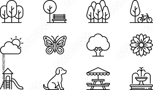 Park and nature outline icon set with trees, flowers, playground, picnic area, animals, weather symbols, and outdoor recreation elements