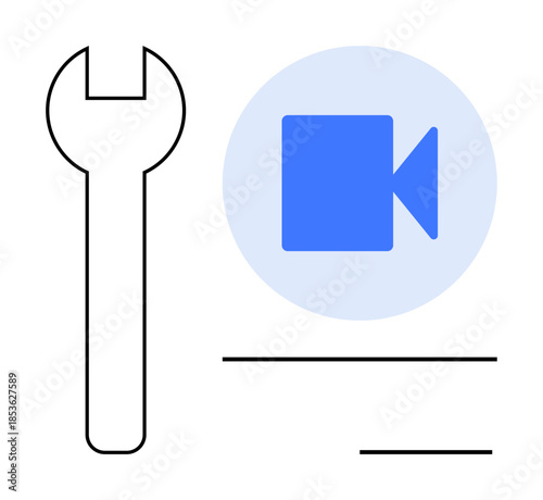 Video production, media services, content creation, technology repair, software tools, digital workflow. Wrench and video camera icon on a light background. Video production and media services