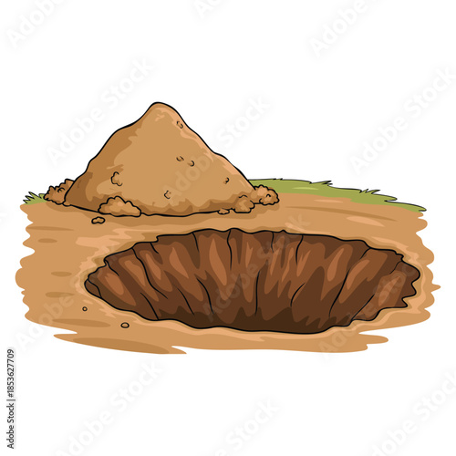 Ground pit hole brown underground dig burrow pile vector illustration showing earth excavated soil cavity and natural terrain opening for geology or construction themes