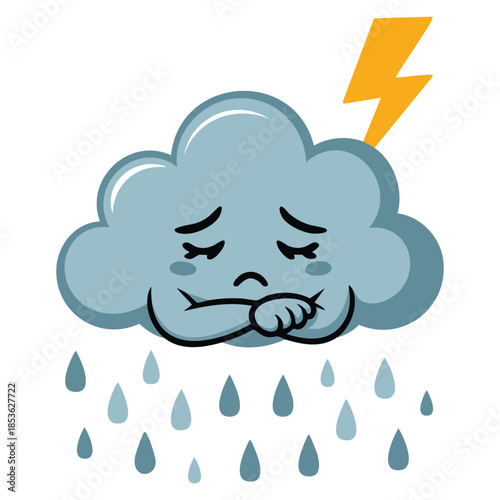 Grumpy blue cloud with folded arms vector illustration pouring rain and lightning perfect for weather, storm, cartoon, and creative playful themed artwork