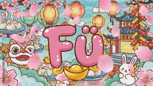 A vibrant animation celebrating Chinese New Year with traditional elements and festive atmosphere.