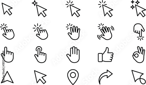 Set of Computer Mouse Cursor and Hand Gesture Line Icons Including Click Pointing Navigation Selection Thumbs Up and User Interface Touch Symbols
