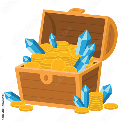 Half open pirate chest with golden coins and blue crystal gems vector illustration hidden treasure and riches perfect for game design and reward variation