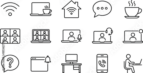 Set of remote work line icons featuring video conference meetings, home office desk setup, wifi connectivity, digital communication and telecommuting lifestyle
