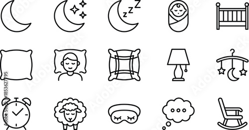 Set of Sleep and Bedtime Line Vector Icons Featuring Moon Stars Baby Crib Pillow Alarm Clock Sheep and Night Routine Symbols