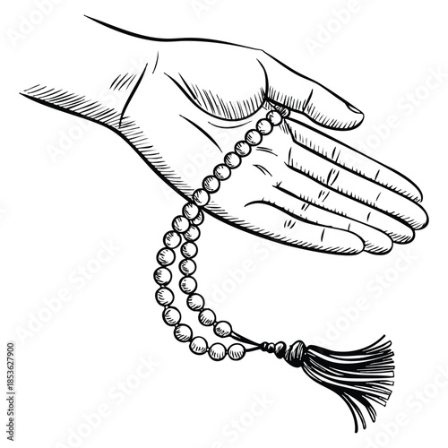 Hand drawing illustration of hands holding a Muslim rosary ideal for spiritual religious themed visuals prayer and devotion inspired design elements