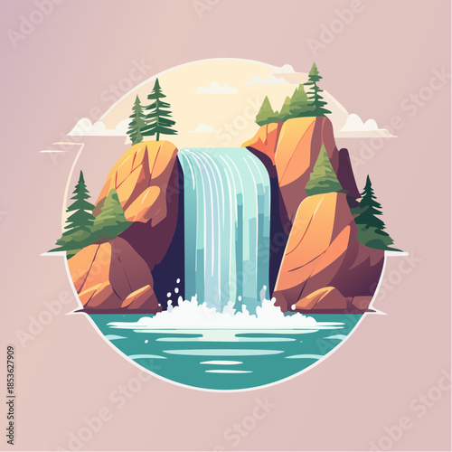 Stylized illustration of a waterfall cascading over rocks with trees, set against a pastel background.
