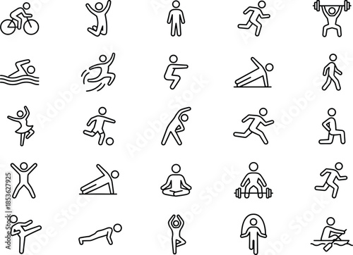 Sports and fitness activity icons set, exercise, workout, athlete movements, training, healthy lifestyle, physical activity symbols