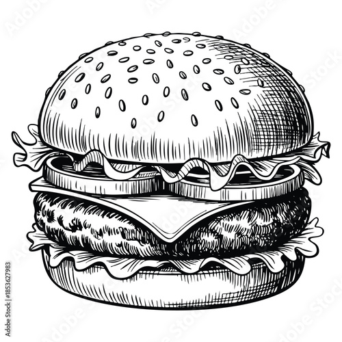 Hand drawn cheeseburger or hamburger sketch vector illustration isolated perfect for fast food design menu packaging poster or culinary themed artwork