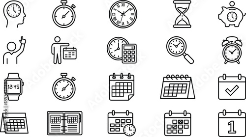 Time management and calendar icons set, clock, schedule, deadline, planner, productivity, reminder, stopwatch, date symbols
