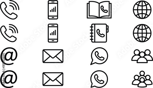 Communication and contact icons set, phone, email, mobile, global network, messaging symbols, digital contact information, support interface
