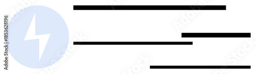 Energy, electricity, branding, minimalism, power, modern design. Lightning bolt symbol in a blue circle with black horizontal lines. Energy and electricity concept in a sleek layout