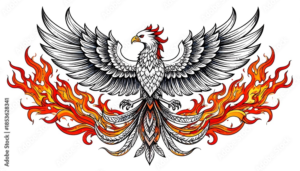 Fototapeta premium A majestic bird rises from flames, wings spread, in a stylized graphic. It features detailed feathering and bright colors