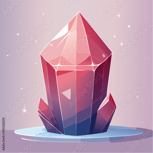 Illustration of a large, pink crystal with a pointed top and smaller crystals at the base.