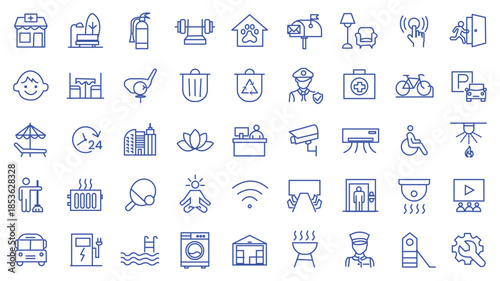 Building amenities icon set. Editable line icons. Vector illustration.
