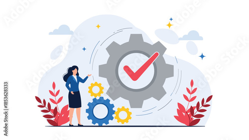 Businesswoman standing next to a large gear with a checkmark, symbolizing an efficient workflow, completed task, and operational success.