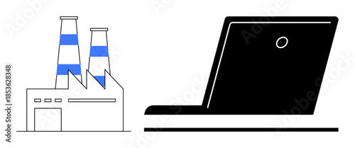 Industry technology, digital transformation, smart factories, online production monitoring, industrial computing, modern automation. A factory and laptop graphic side by side. Industry technology