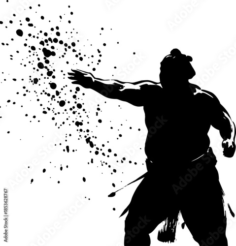 Sumo Throwing Salt Ritual Silhouette. Artistic Ink Droplets Vector for Asian Games 2026
