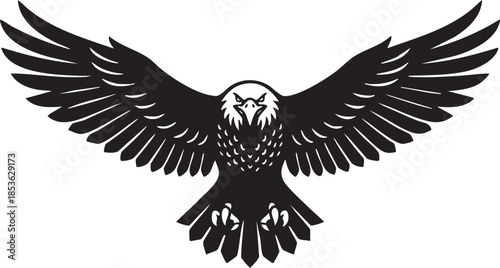 Flying Eagle Silhouette Illustration, Powerful Bird of Prey Wings Spread Design