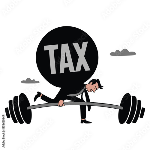 Heavy tax burden to pay off weight or debt problem bankruptcy or financial problem government obligation concept businessman carry heavy weight with the word TAX in a detailed vector illustration