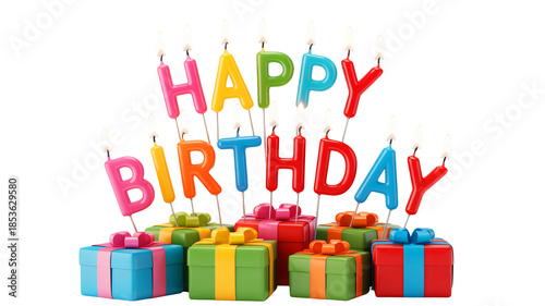 Colorful birthday candles and gifts on white background