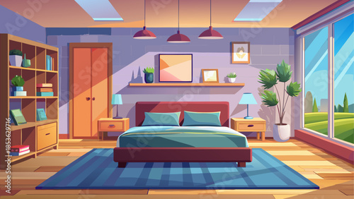 Modern bedroom interior with minimalist furniture, empty room with no people, clean and cozy home living space, designed as a calm residential interior background