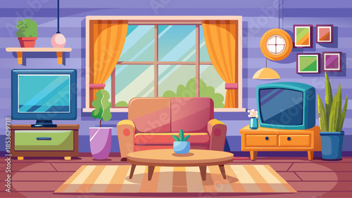 Flat cartoon vector illustration of a modern living room interior, featuring cozy apartment furniture with sofa, TV, and window, creating a warm lifestyle home background