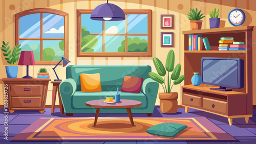Flat cartoon vector illustration of a modern living room interior, featuring cozy apartment furniture with sofa, TV, and window, creating a warm lifestyle home background
