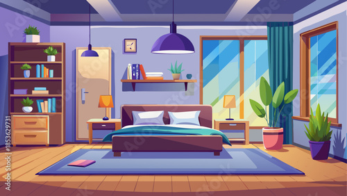 Modern bedroom interior with minimalist furniture, empty room with no people, clean and cozy home living space, designed as a calm residential interior background