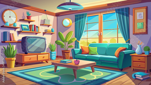 Cozy modern apartment living room shown in a flat cartoon vector style, with stylish sofa, television, and window, designed as a warm and inviting home interior scene