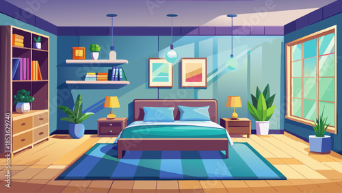 Empty modern bedroom interior in a stylish home, featuring simple furniture and a clean living space with no people, creating a peaceful and contemporary interior scene