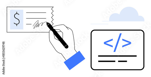 Financial operations, coding, software development, cloud computing, fintech, business transactions. A hand signing a check near a coding interface and cloud. Financial operations and coding